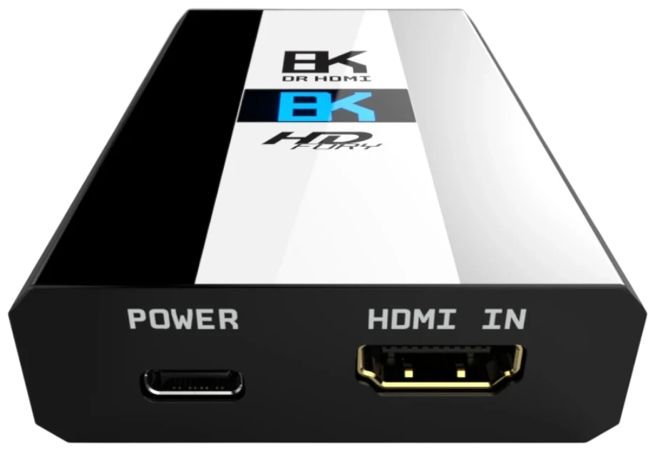 Close-up of the DR HDMI 8K input side: the HDMI 2.1 source input alongside the USB-C connector that supplies 5V / 2A power to the unit