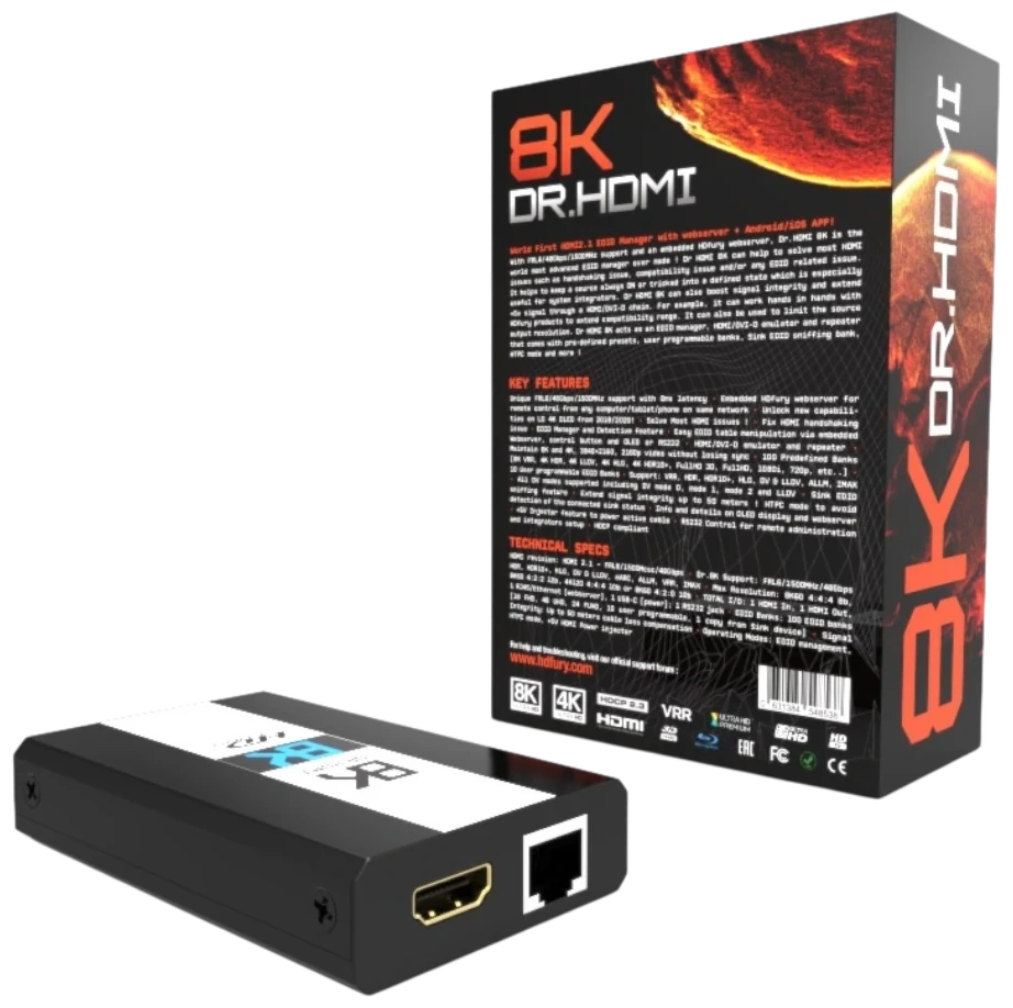 Back of the DR HDMI 8K retail box, listing the technical specifications: 48Gbps bandwidth, EDID management, HDMI emulation and repeater functions
