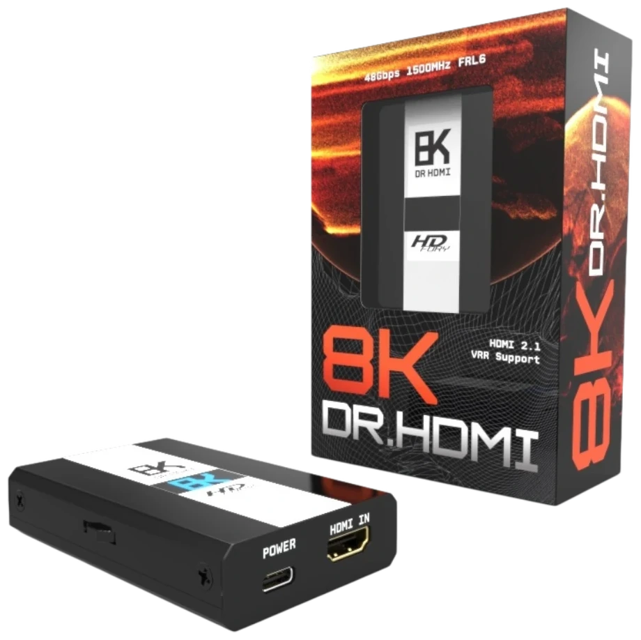 Front of the DR HDMI 8K retail box, showing the orange solar artwork and the HDfury product name