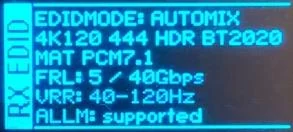 DR HDMI 8K OLED RX EDID page listing the EDID mode in use together with the advertised resolution and video flags presented to the source