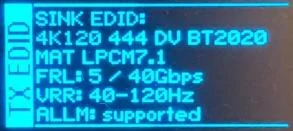 DR HDMI 8K OLED TX EDID page showing the EDID read from the connected sink, including its supported resolutions and audio capabilities